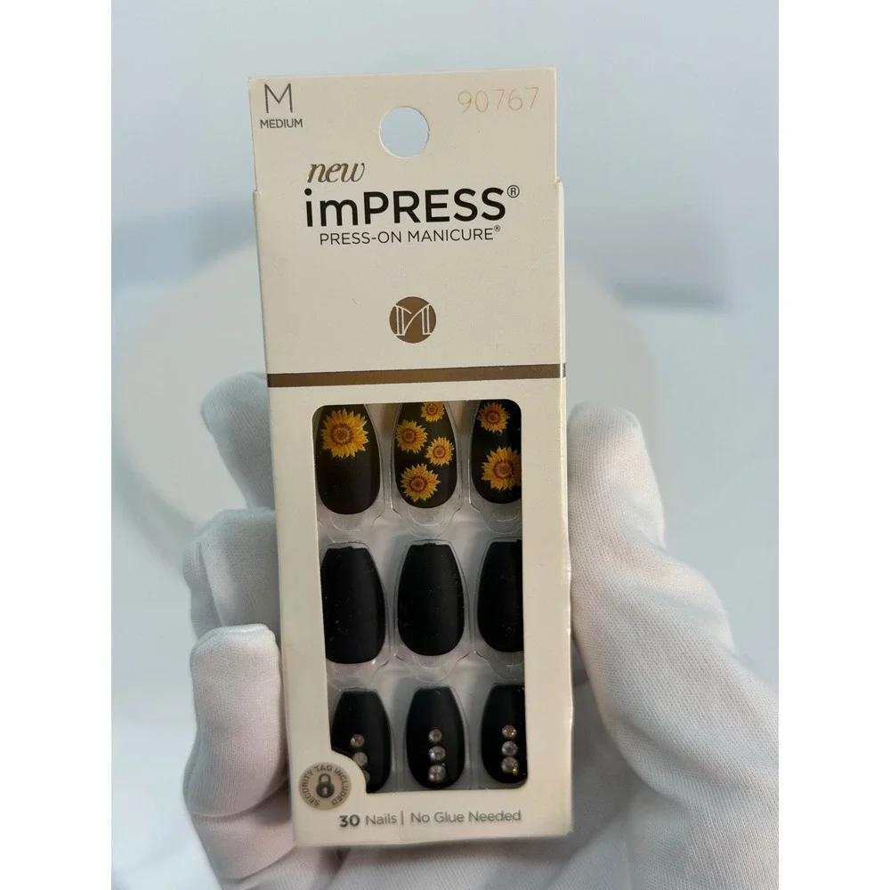 imPRESS Press-On Manicure Festival Night‎ Matte Black Sunflower Rhinestone 93-30